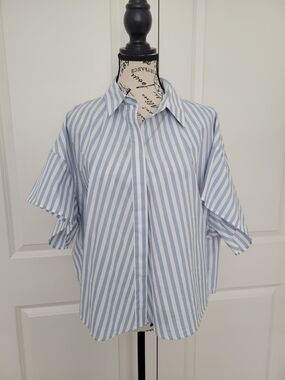 rag & bone Blue and White Vertical Stripe Short-Sleeve Button Shirt